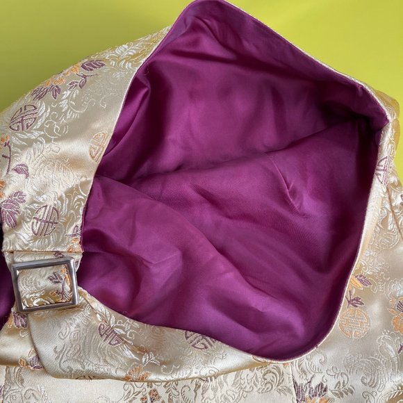 One Shoulder Formal Gown, Gold and Maroon Metallic Floral Brocade, Size 1/3 - Picture 5 of 15